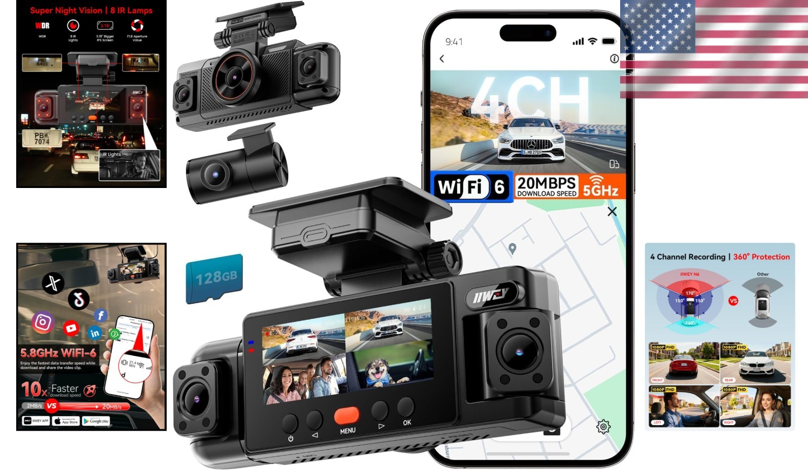 N6 360° Dash Cam Kit, FHD Inside/Outside, Night Vision
