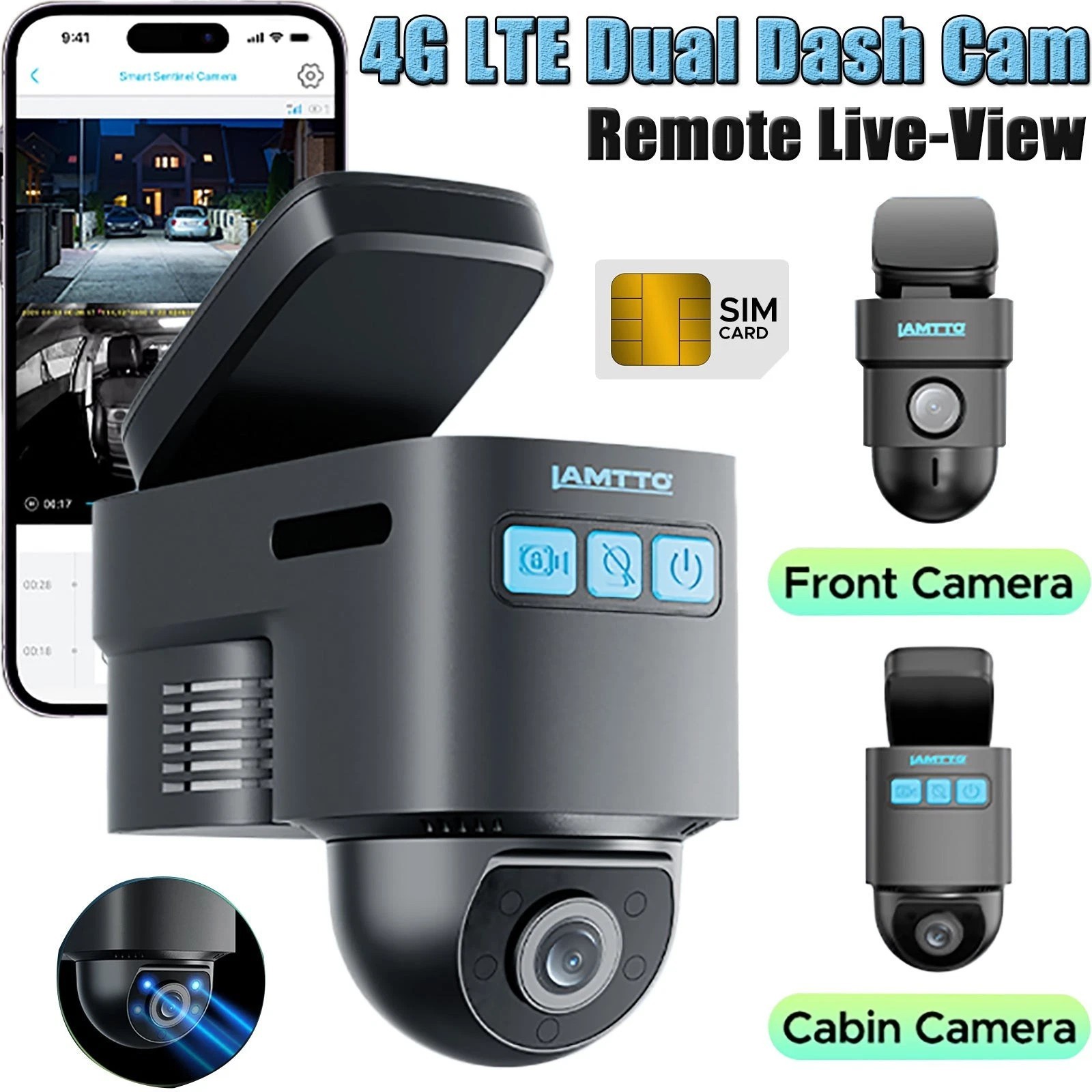 LAMTTO 4G LTE Dash Cam 1080P Quality Live Monitoring,Night Vision Cloud Storage