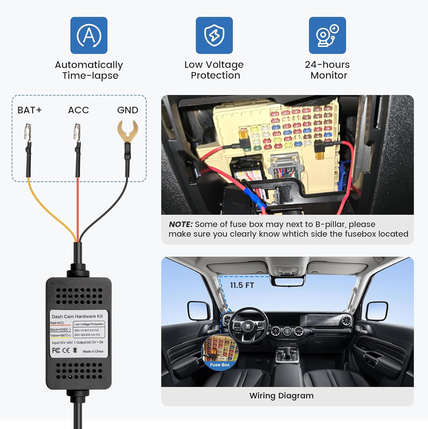 Type-C USB C Port Dash Cam Hardwire Kit, 3-Lead Acc Hard Wire Kit for Dash Camer