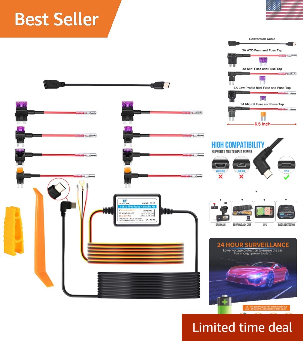 Reliable Dash Cam Hardwire Kit with Low Voltage Protection & 24-Hour Monitoring