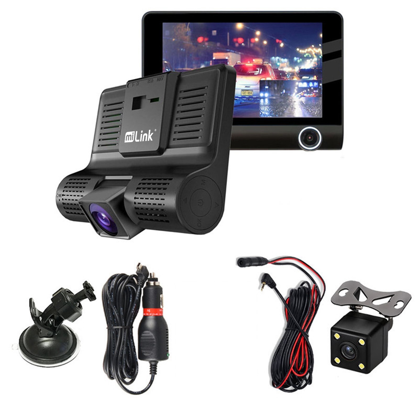 miLink Triple Lens Dashboard Car Rear View Back-up Camera 4.3” Monitor Dash Cam