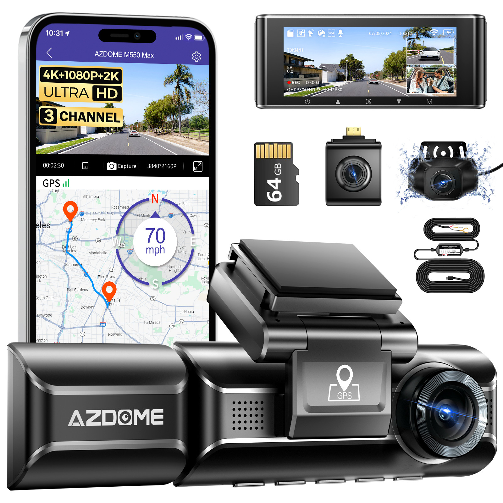 AZDOME 3CH Dash Cam 4K+1K+2.5K WiFi GPS Front+Cabin+Rear Park Mode+Hardwire Kit