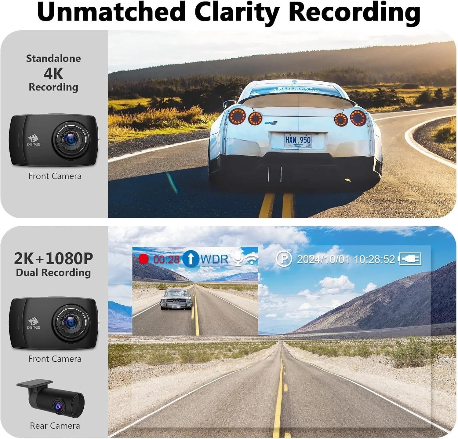 Z-Edge T4 Dash Cam Front and Rear, 4K Dual Dash cam, 2K+1080P Front and Rear,…