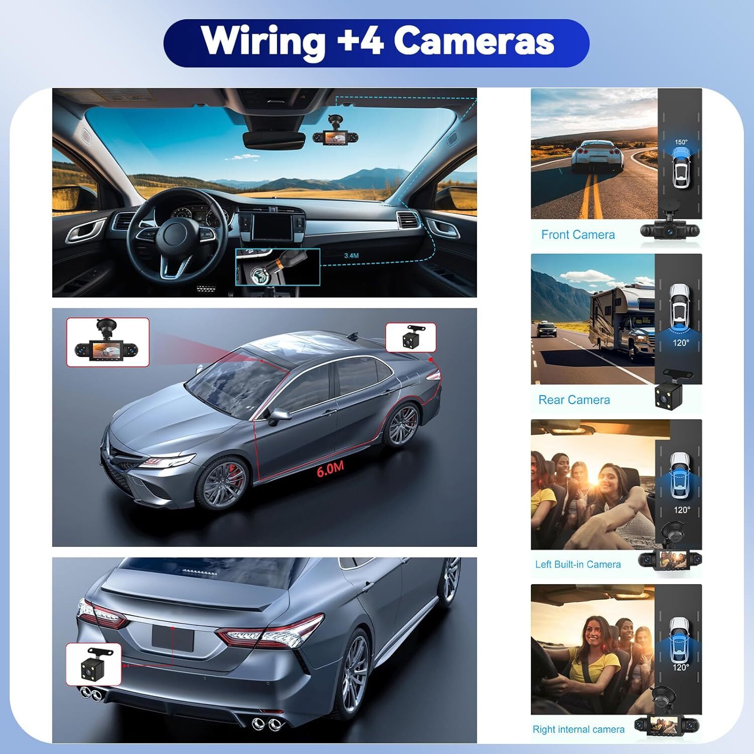 4K Dash Cam Recorder 4-Channel 360° Car Camera DVR Vehicle Video G-Sensor+32 TF