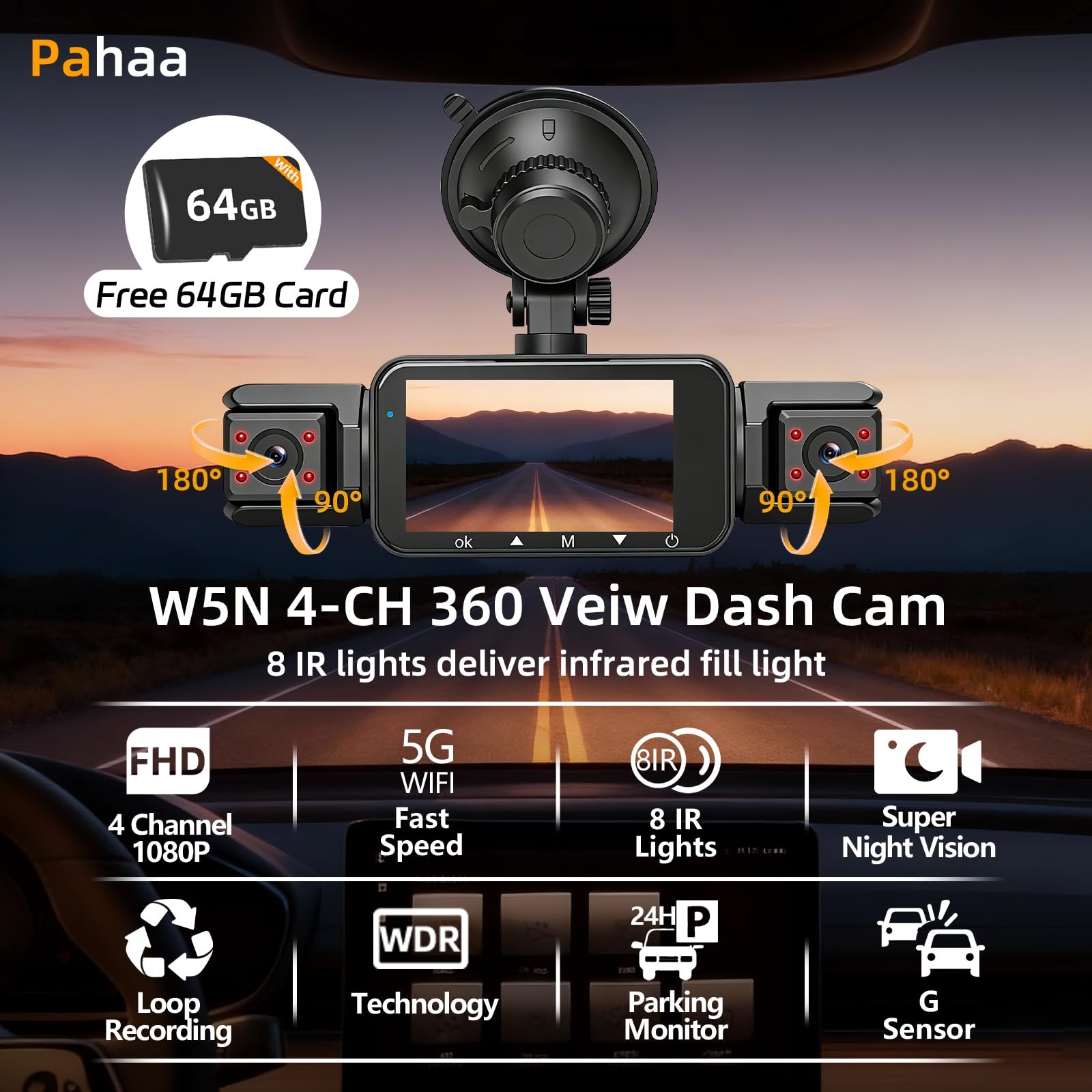 4 Channel Dash Cam Front and Rear Cabin, 360 Dash Camera, Night Vision 8 IR L…