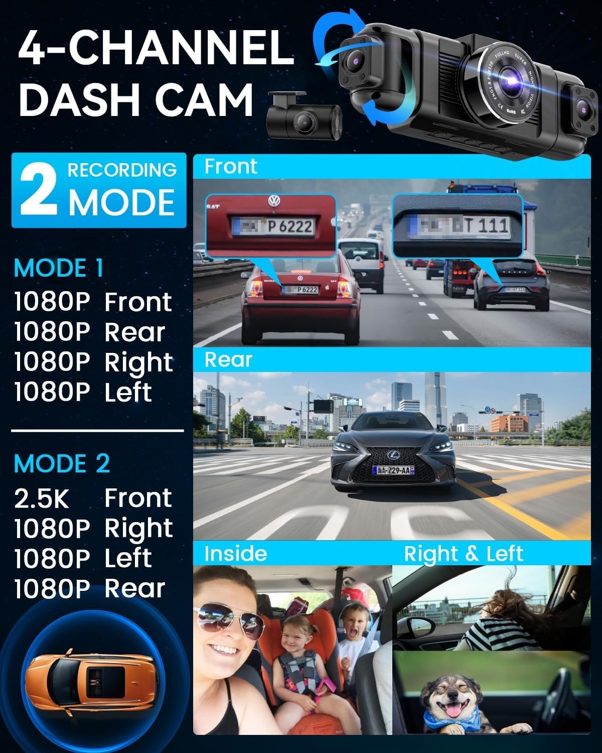 N5 4 Channel Dash Cam 360° View, 1080P Front and R