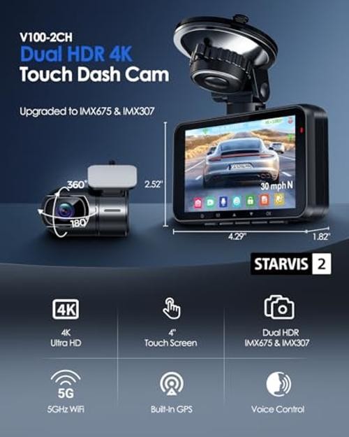 4K Dash Cam Front and Rear, 2 Channel Dash Camera for Cars | 4″ Touch Screen,