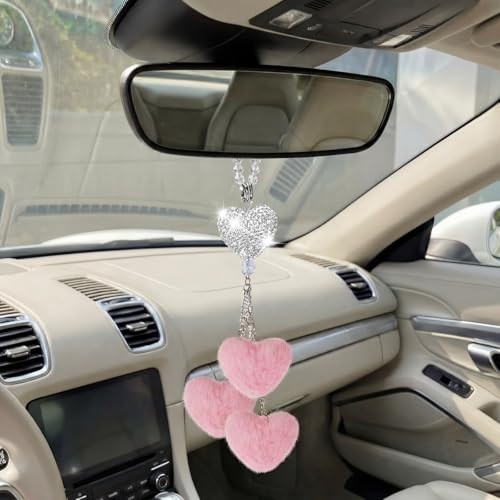 Pink Crystal Bling Car Mirror Hanging Accessories Heart Shaped Light Pink