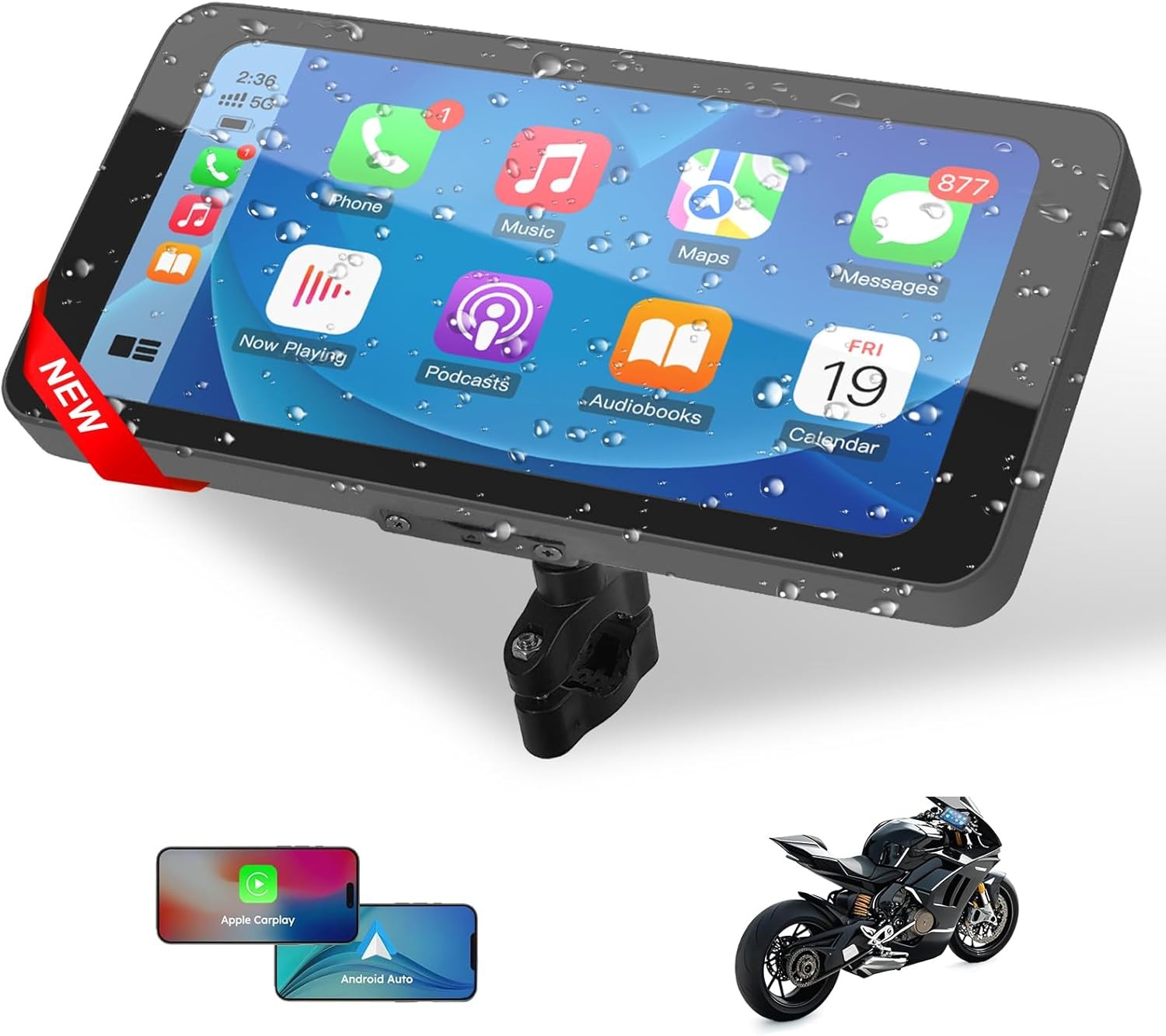 6.25″ Motorcycle GPS Navigator Wireless CarPlay Android Auto with HD Camera IP67