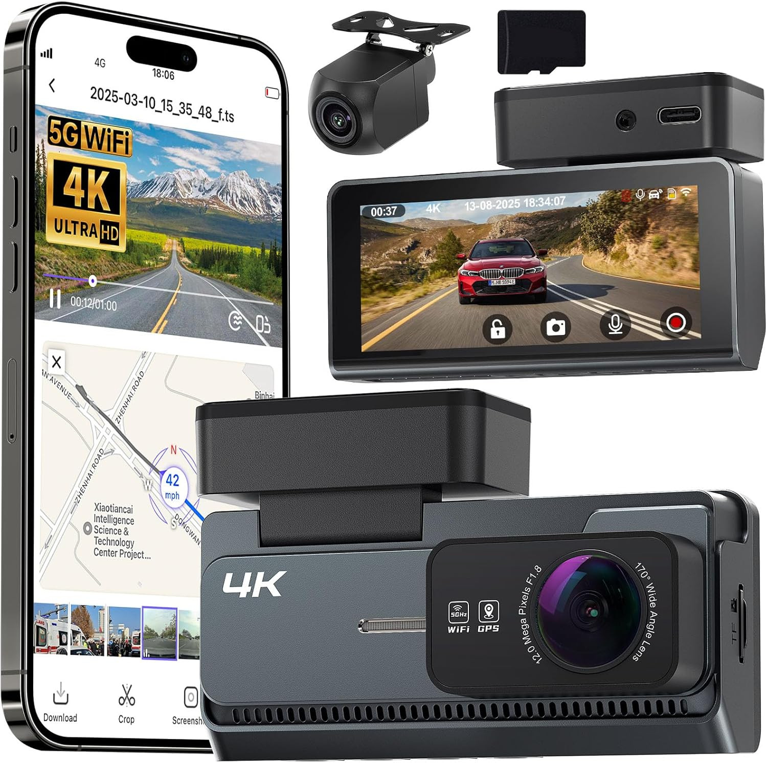 4K+2K Dash Cam Front and Rear, 5G WiFi GPS, 32GB Card Included, 3.39″ Screen Dua