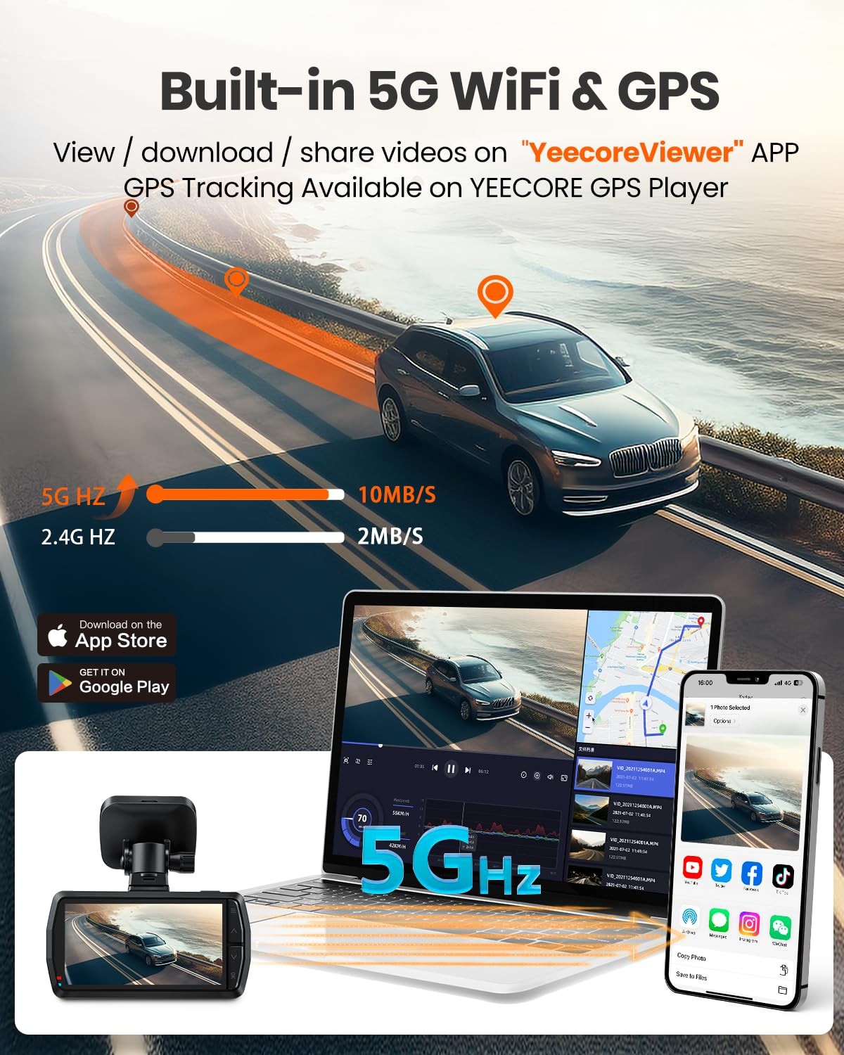 Real 4K Dash Cam Front and Rear, 5.8GHz Wi-Fi GPS, Dual Camera HDR with Top-L…