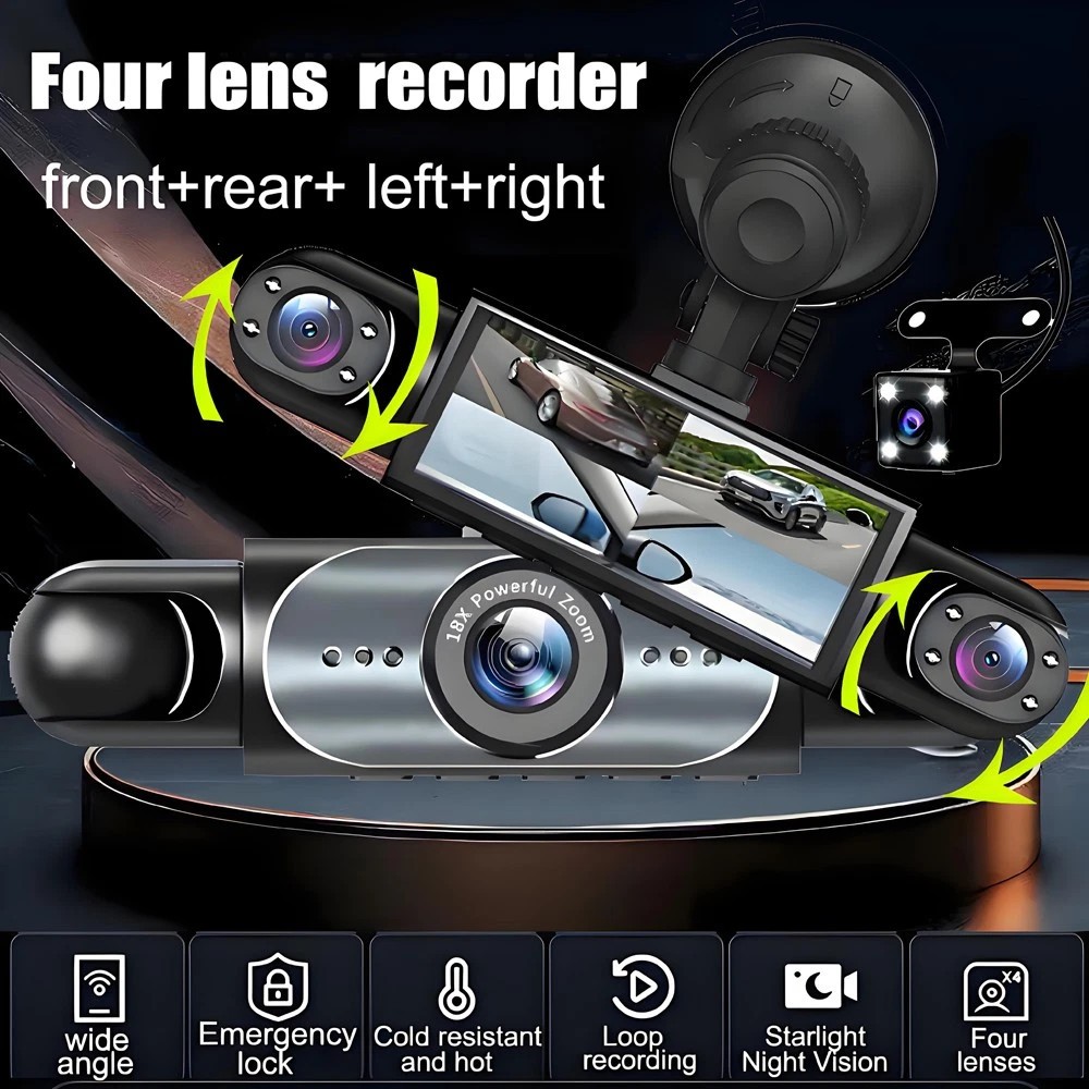 360° 4 Channel 1080P HD Car Dash Cam Front and Rear Inside Left Right + Camera