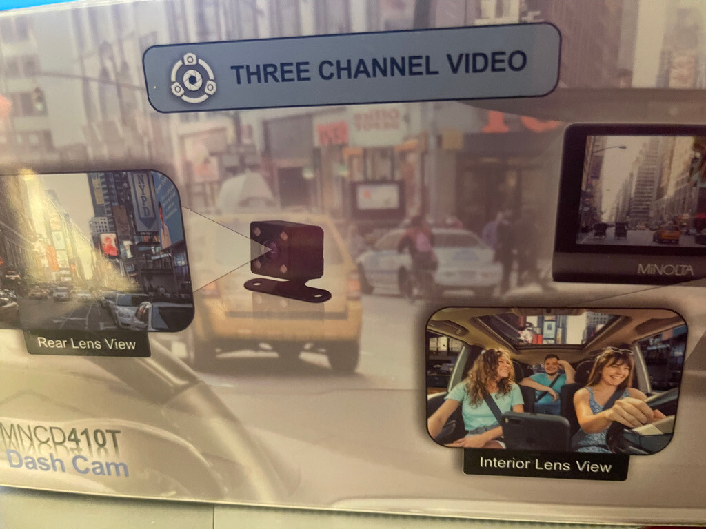 Minolta MNCD410T FHD Front Rear View Dash Camera with 3-Ch Recording, Black