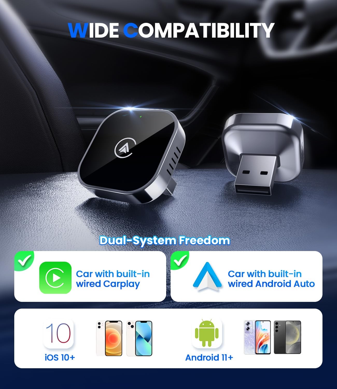 2 in 1 Wireless CarPlay Android Auto Adapter Plug Play Compact Car Upgraded