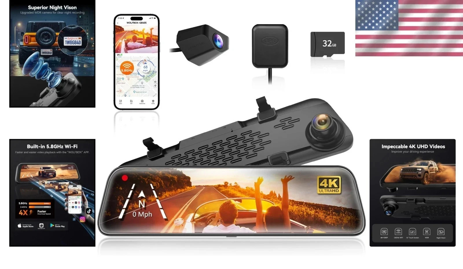 WOLFBOX G840PRO V02 Mirror Dash Cam IMX678 5.8GHz WiFi GPS,W/4A Acc Hardwire Kit