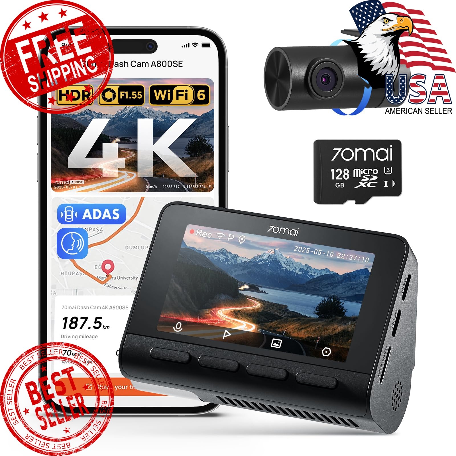 70mai A800SE 4K Dash Cam w/ Wi-Fi GPS