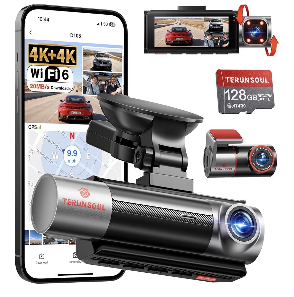 TERUNSOUl 4K+1080P 3 Channel Dash Cam Front and Rear with Cabin Free 128GB Card