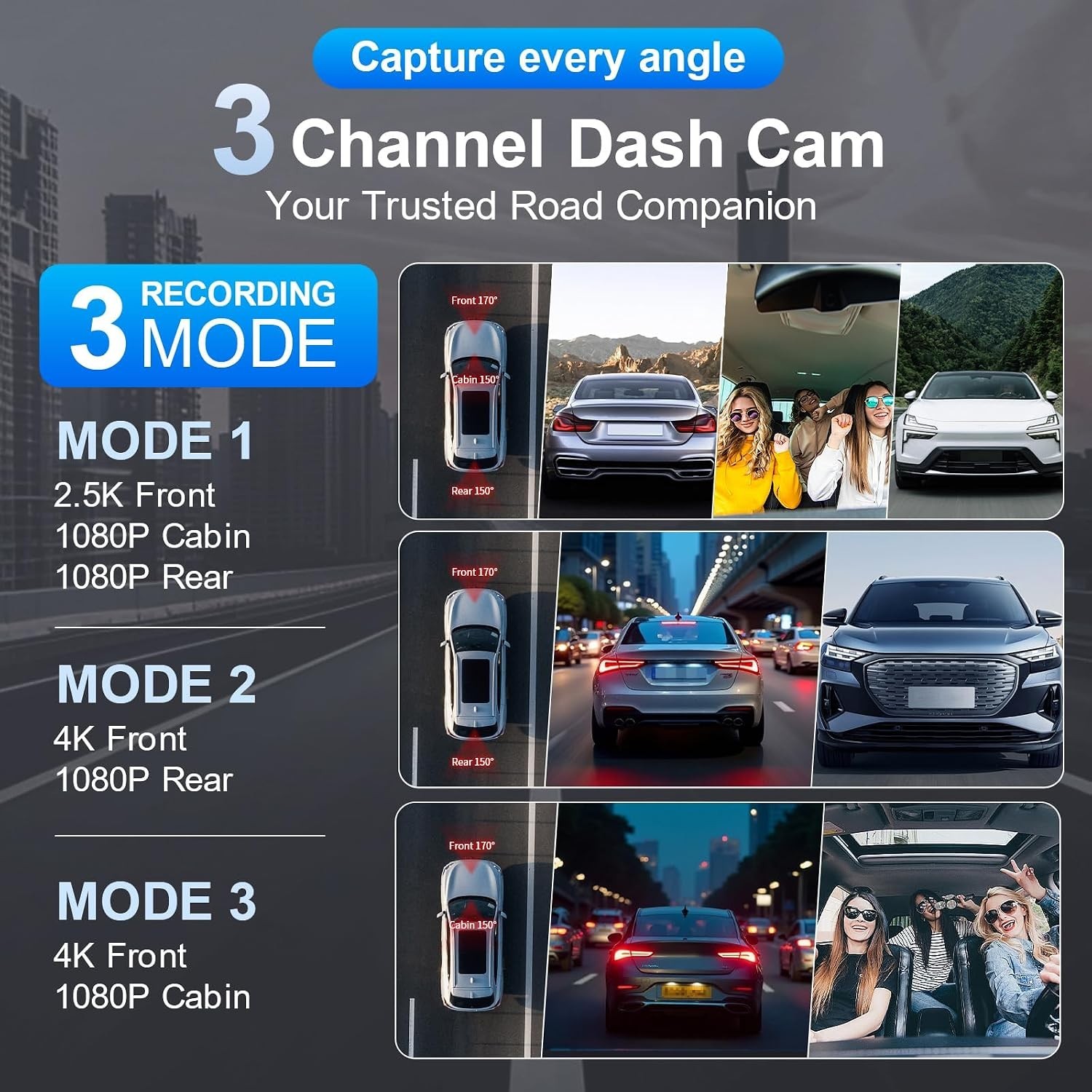 3 Channel Dash Cam – 4K Front & 2.5K Rear with Seamless Loop Recording