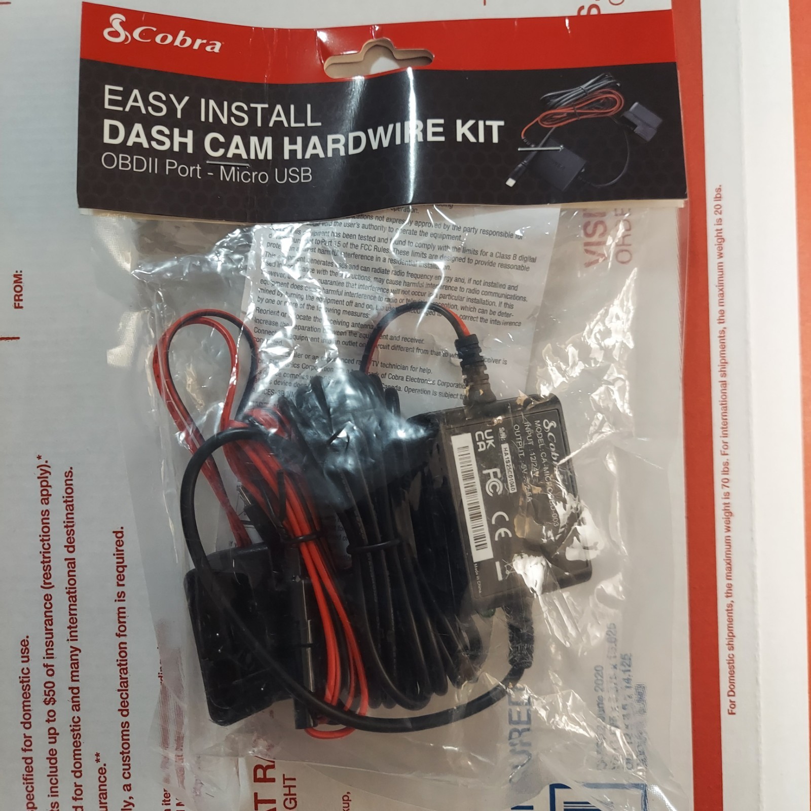Cobra 2.5A DIY Hardwire Kit CA-MICROUSB-003 Cobra Dash Cam OBDII Port: New