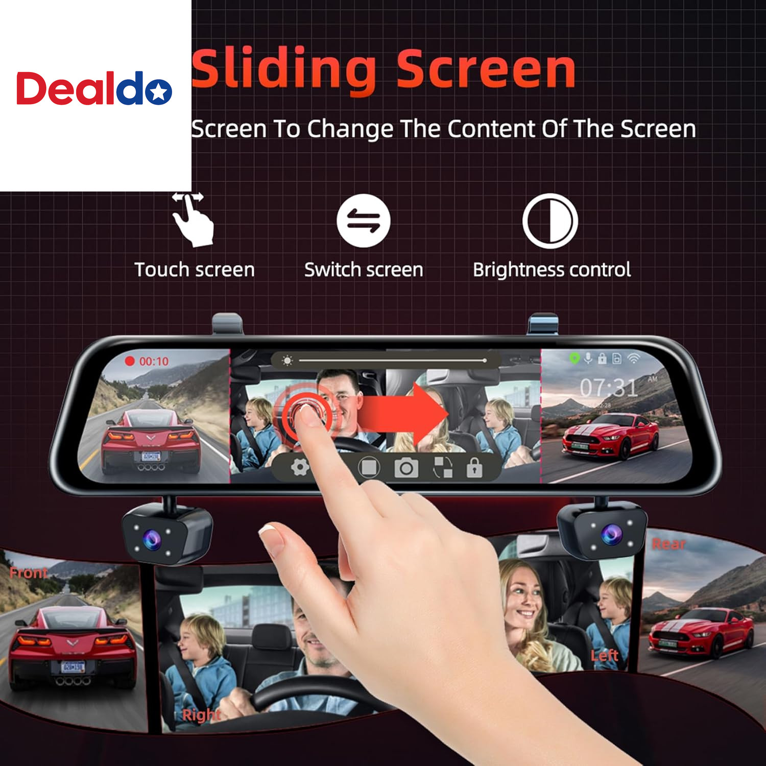 4 Channel Mirror Dash Cam, Dash Cam Front and Rear/Inside, Touch Screen 12’’ FHD