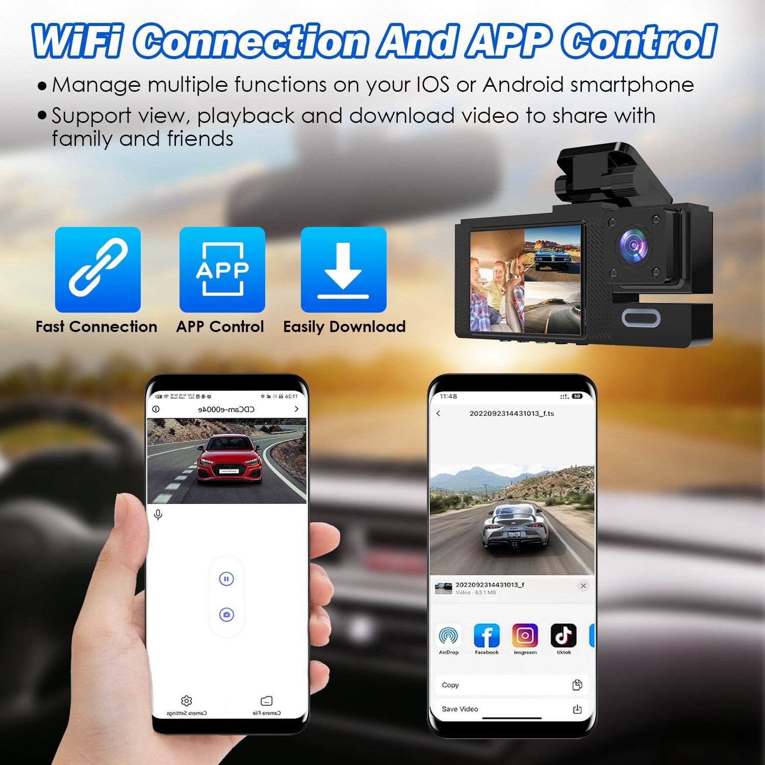 1080P Car Dash Cam 3 Channel Front Rear Inside Dash Camera Night Vision Recorder