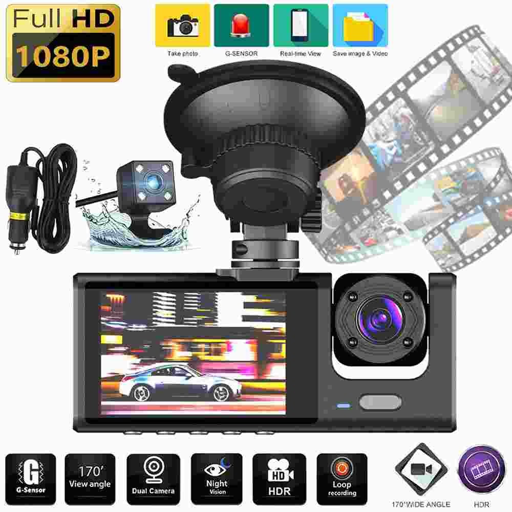 3 Lens Dash Cam 1080P 2″ Screen Car Driving Recorder front+ inside + rear Camera