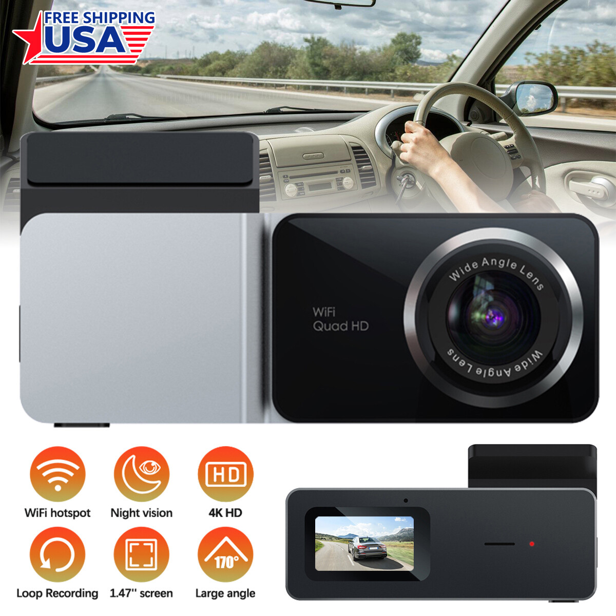 WiFi Car HD 4K driving recorder With Night Vision 170 degrees 128G GPS locator *