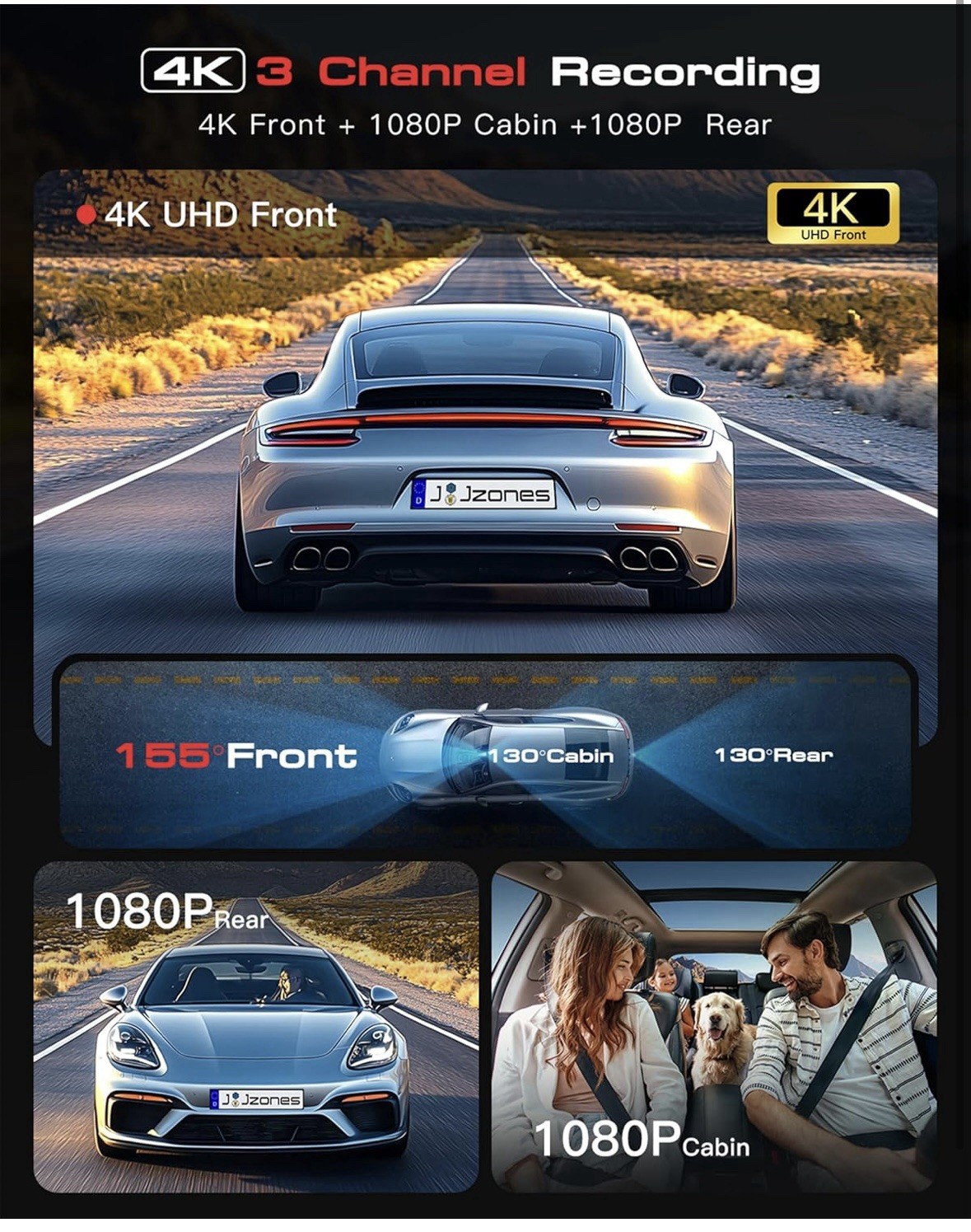 3 Channel 4K Dash Cam,1080P Front Inside and Rear,GPS,24H Parking Mode,64GB Card