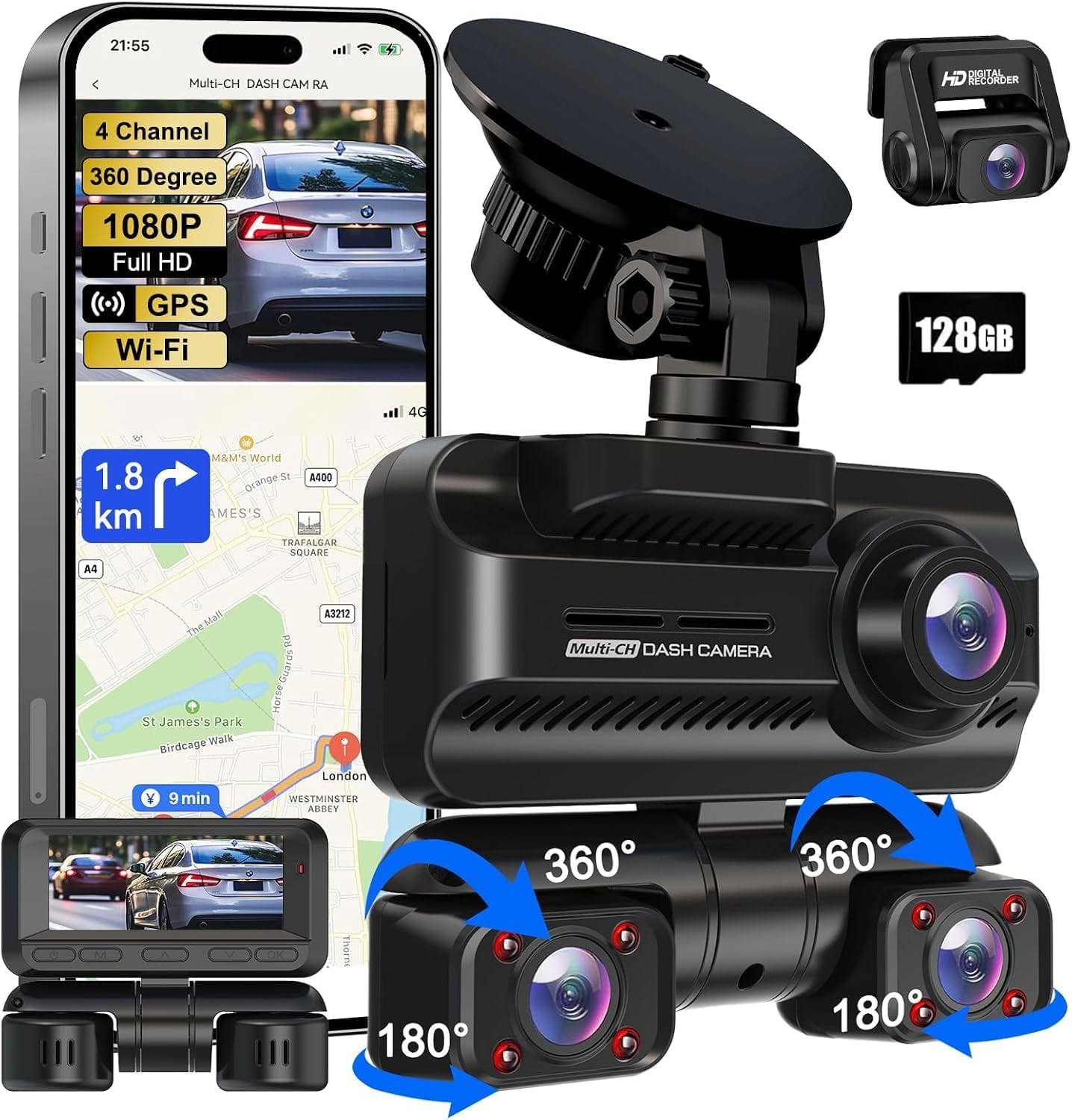 4 Channel Dash Cam 4K Front and Rear Dash Cam Built-In WiFi & GPS, App control