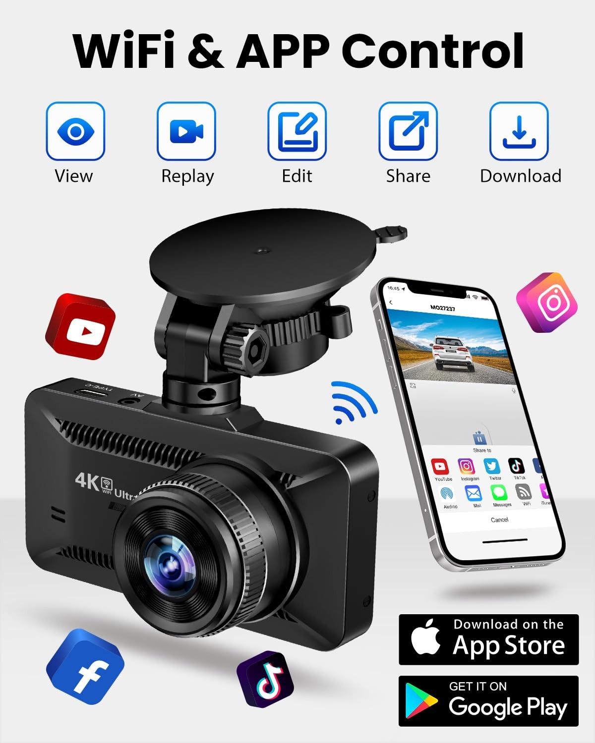 Dash Cam Front Rear 4K/1080P, Dash Camera for Cars Build in WiFi, Full HD Das…