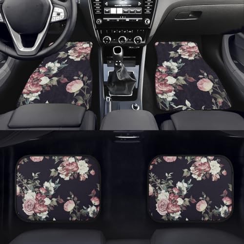 Floral Car Floor Mats Set, Seamless Floral Pattern with Roses Pink Black