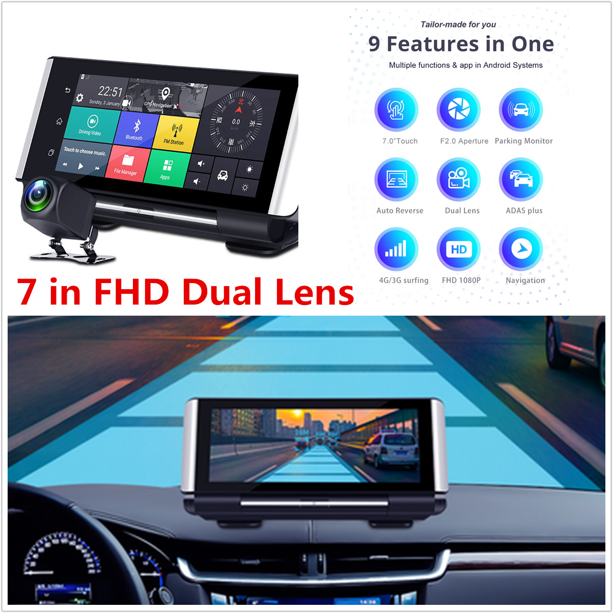 Car DVR Video Recorder Dash Camera WIFI Bluetooth Dual Lens Touch Screen 7in