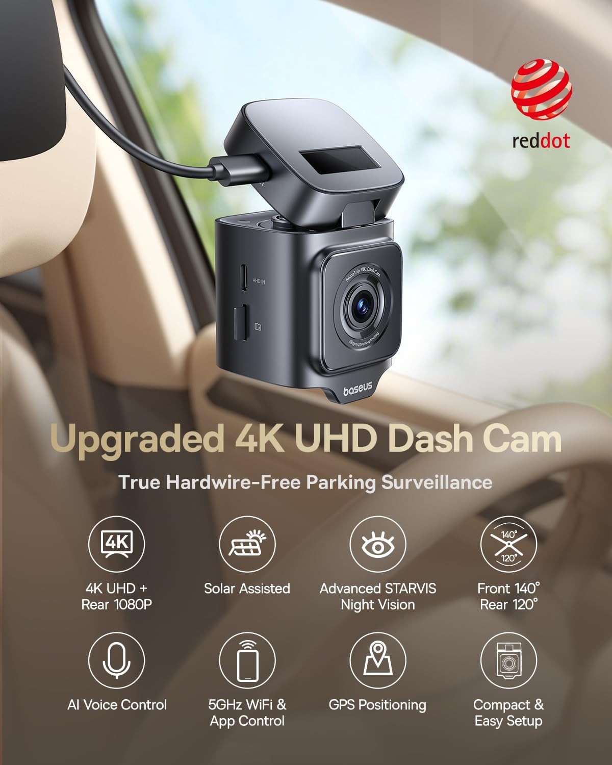 Baseus VD1 Pro Solar Dash Cam 4K+1080P Front Rear Starvis 32GB GPS