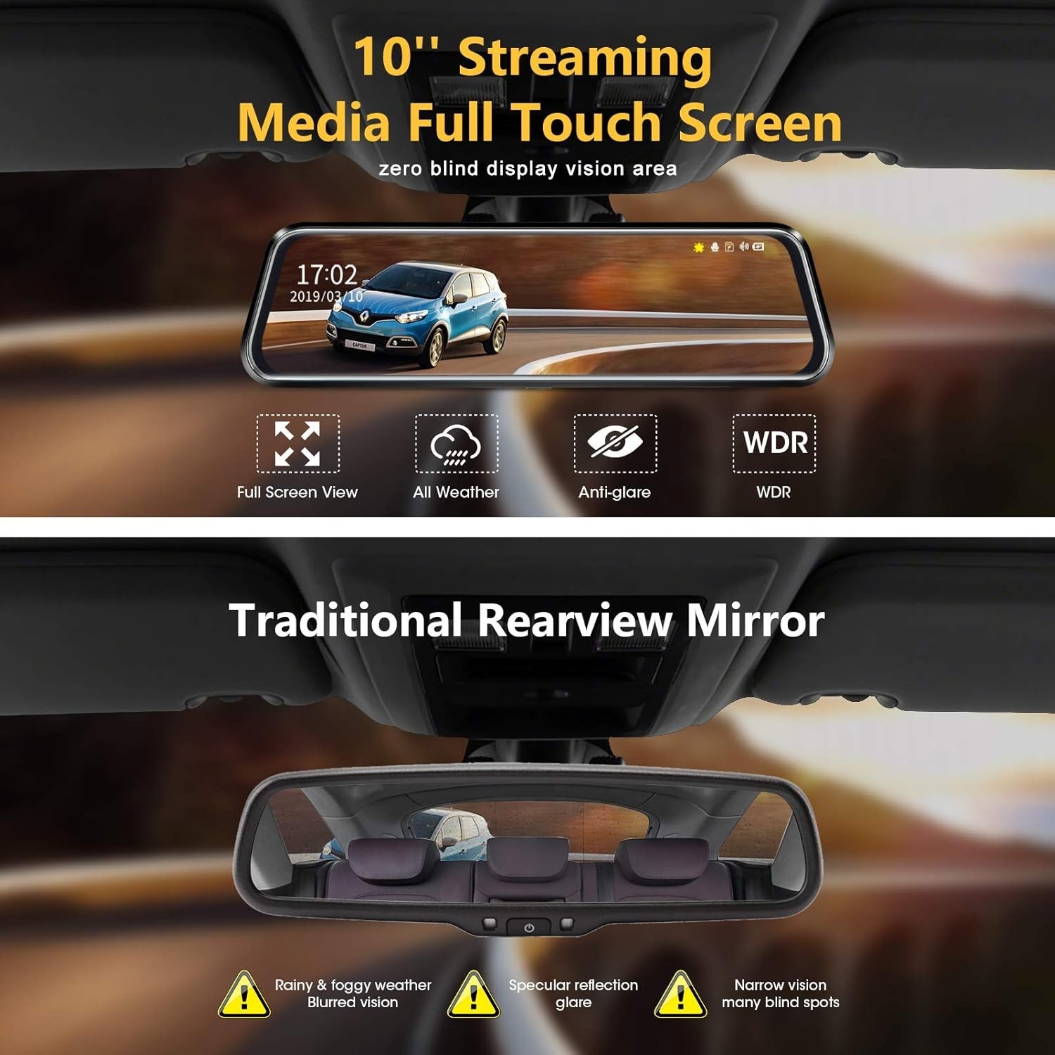 Dual 1080P Mirror Dash Cam 10 Inch Screen Touch Control Parking Assistance