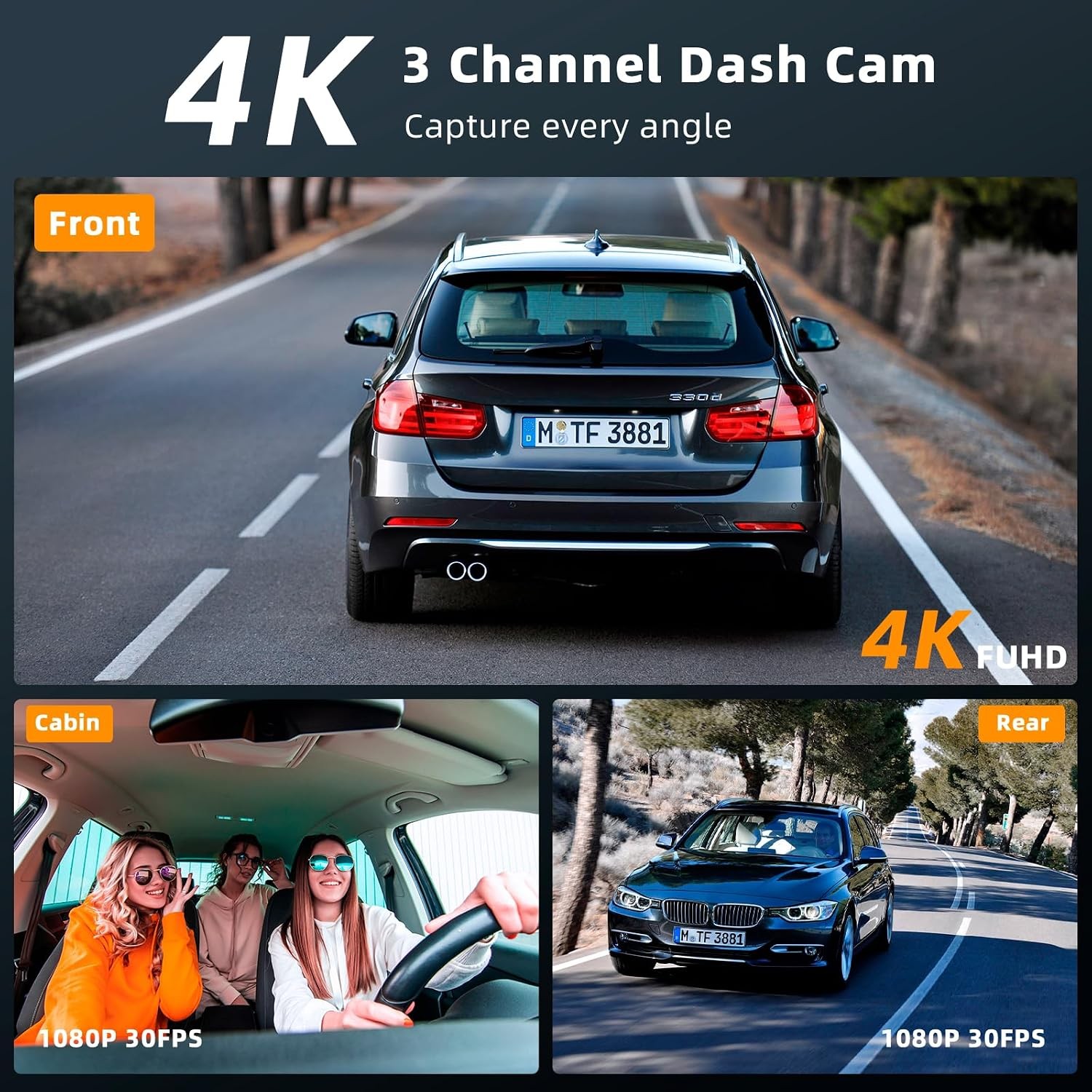 4K 3 Channel Dash Cam Front Rear Inside, STARVIS 2 HDR Sensor