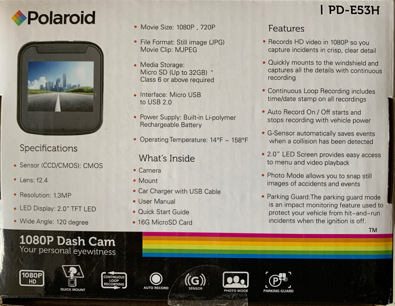 Black Polaroid PD-E53H 1080p HD DashCam w/ 2″ LED Screen – 16G MicroSD Included!