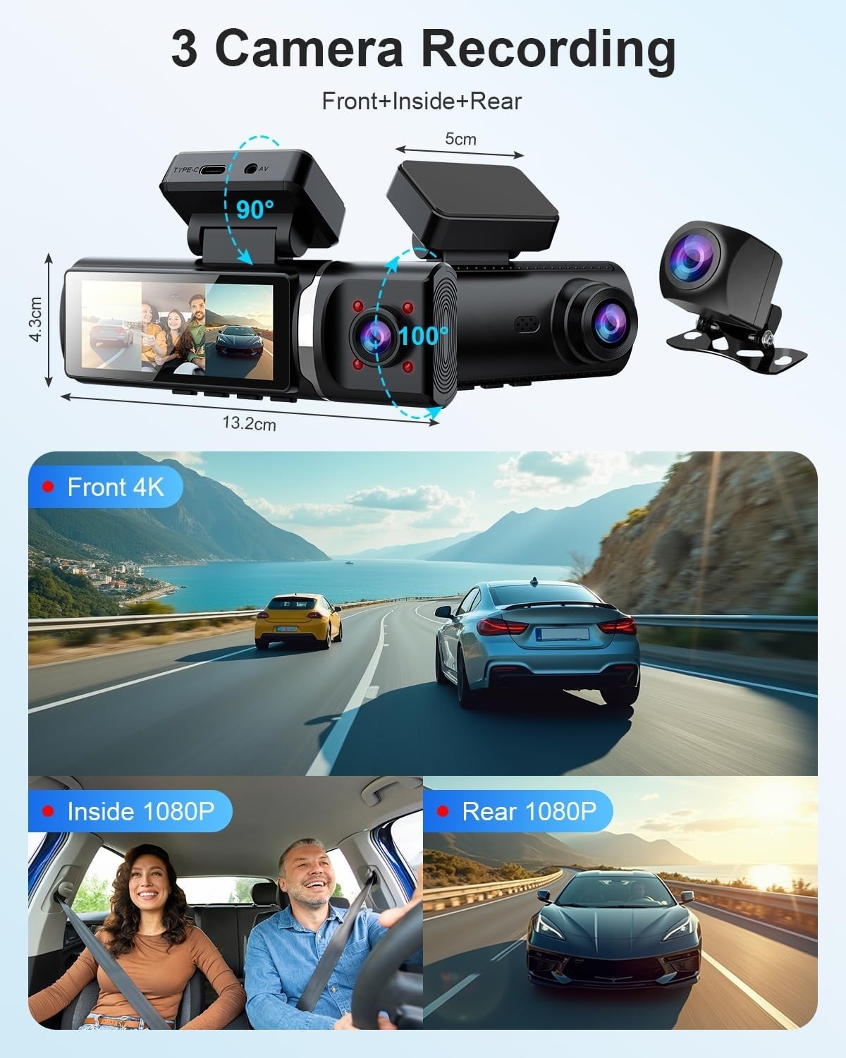 feifeaouy 3 Channel 4K Dash Cam Front and Rear and Inside – WiFi 3.2” IPS Das…
