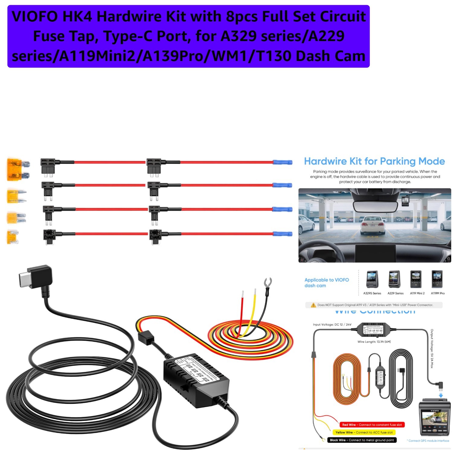 Professional HK4 Hardwire Kit for 12/24V Dash Cameras with Circuit Fuses