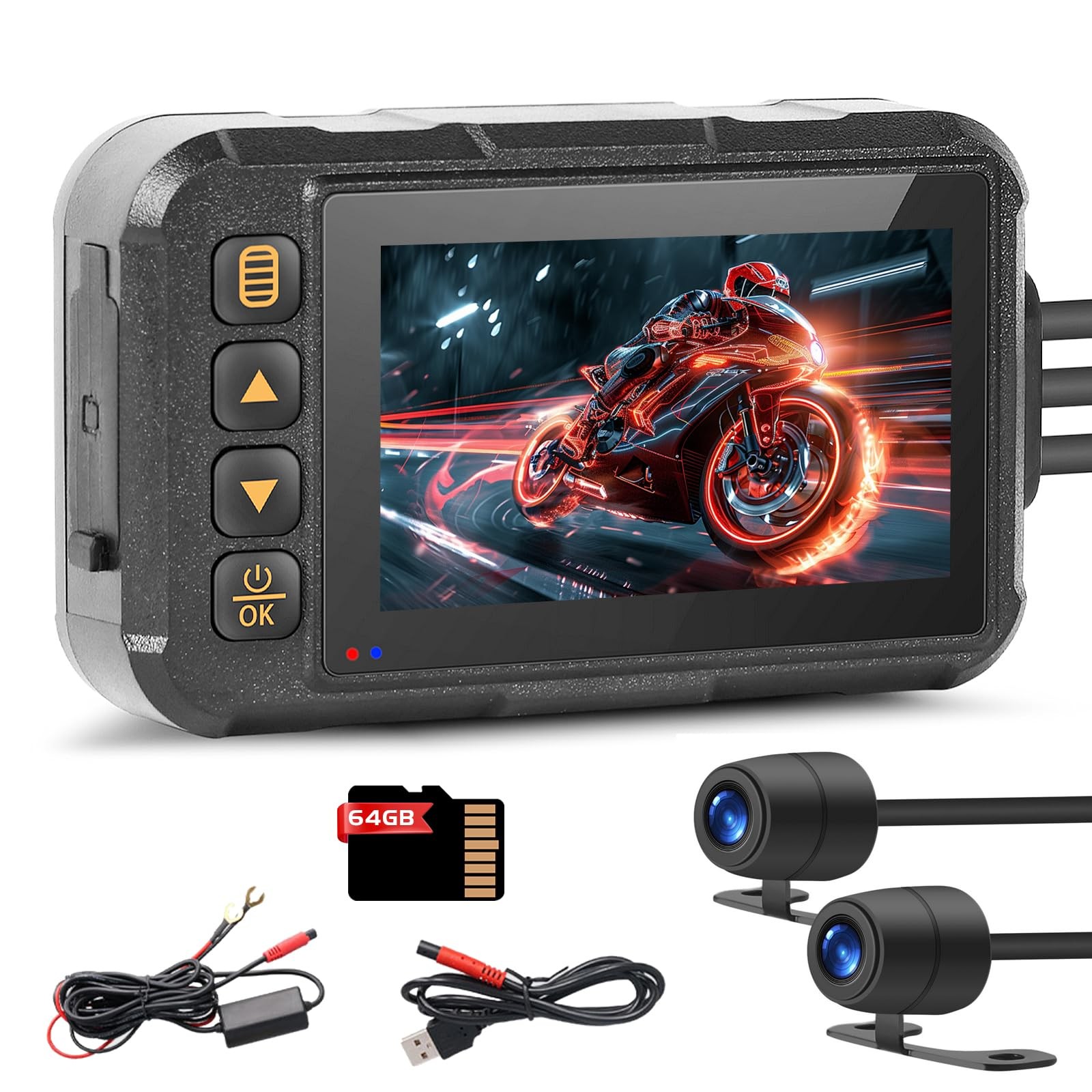 Motorcycle Dash Cam with Dual Front and Rear Cameras, Fits All Motorcycles