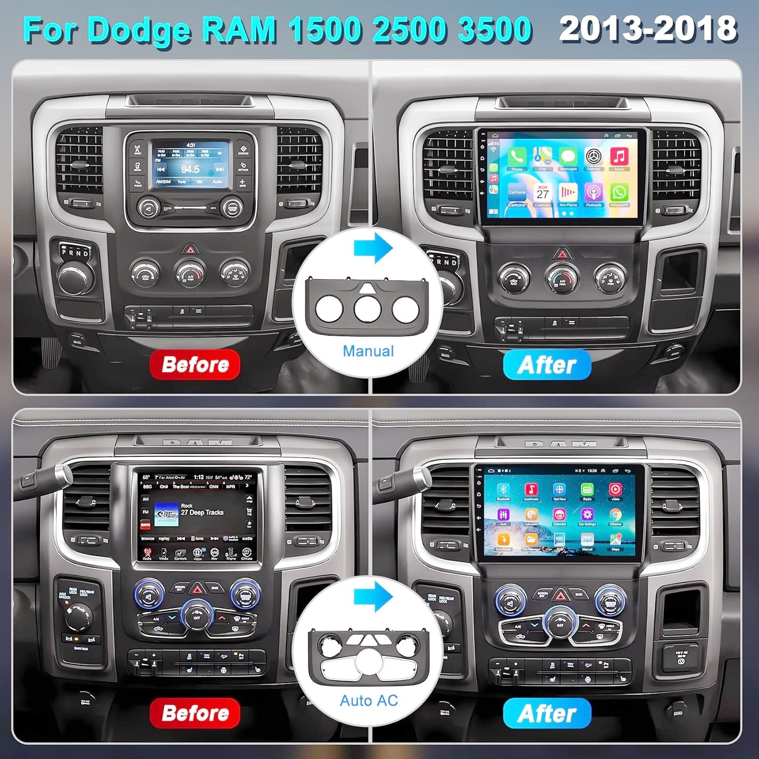 Android 13 car radio suitable for the 2013–2018 Dodge RAM 1500/2500/3500