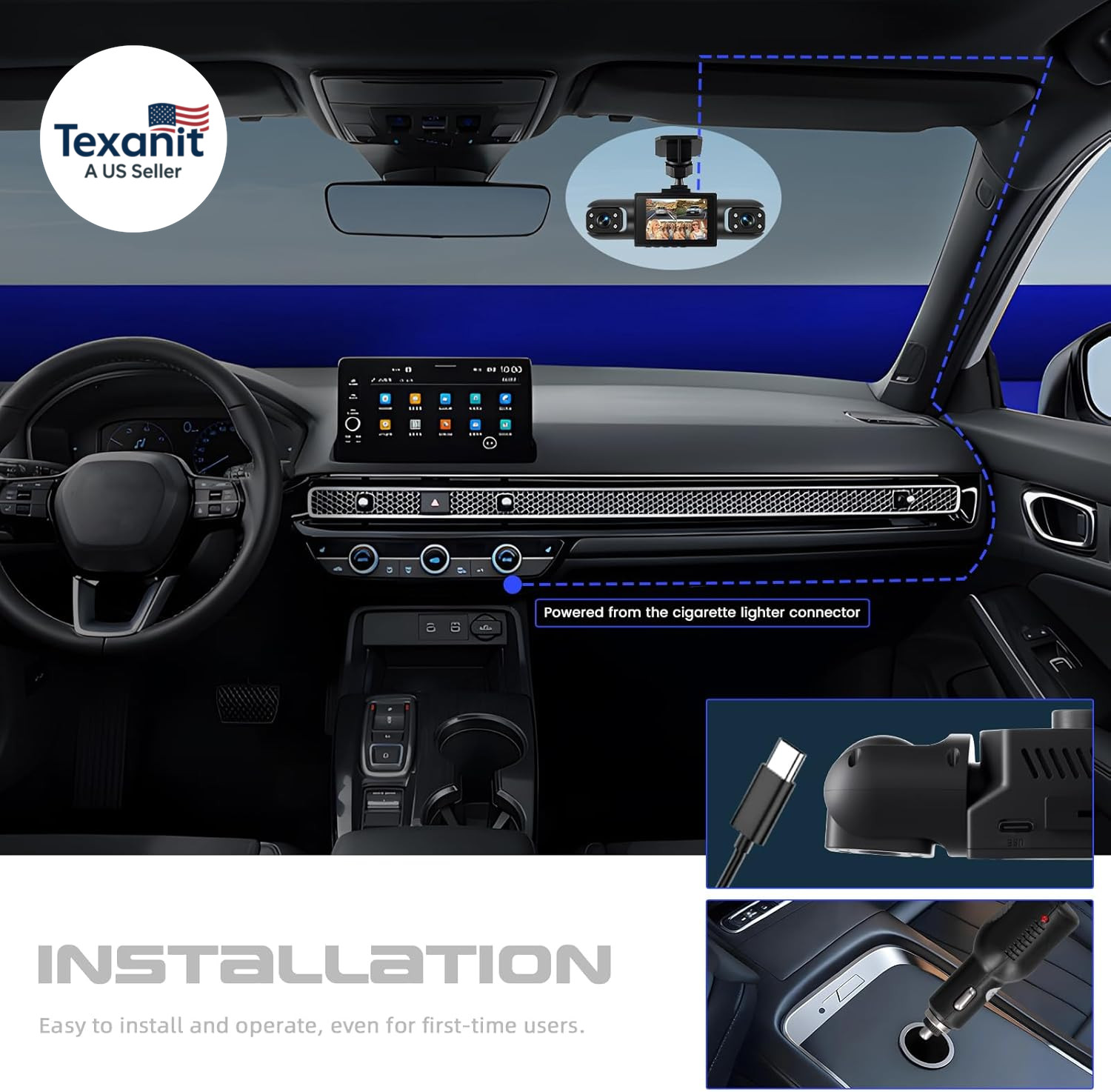 360° 4 Channel 1080P Dash Cam Front and Rear inside Left Right, 2“ IPS Dash for