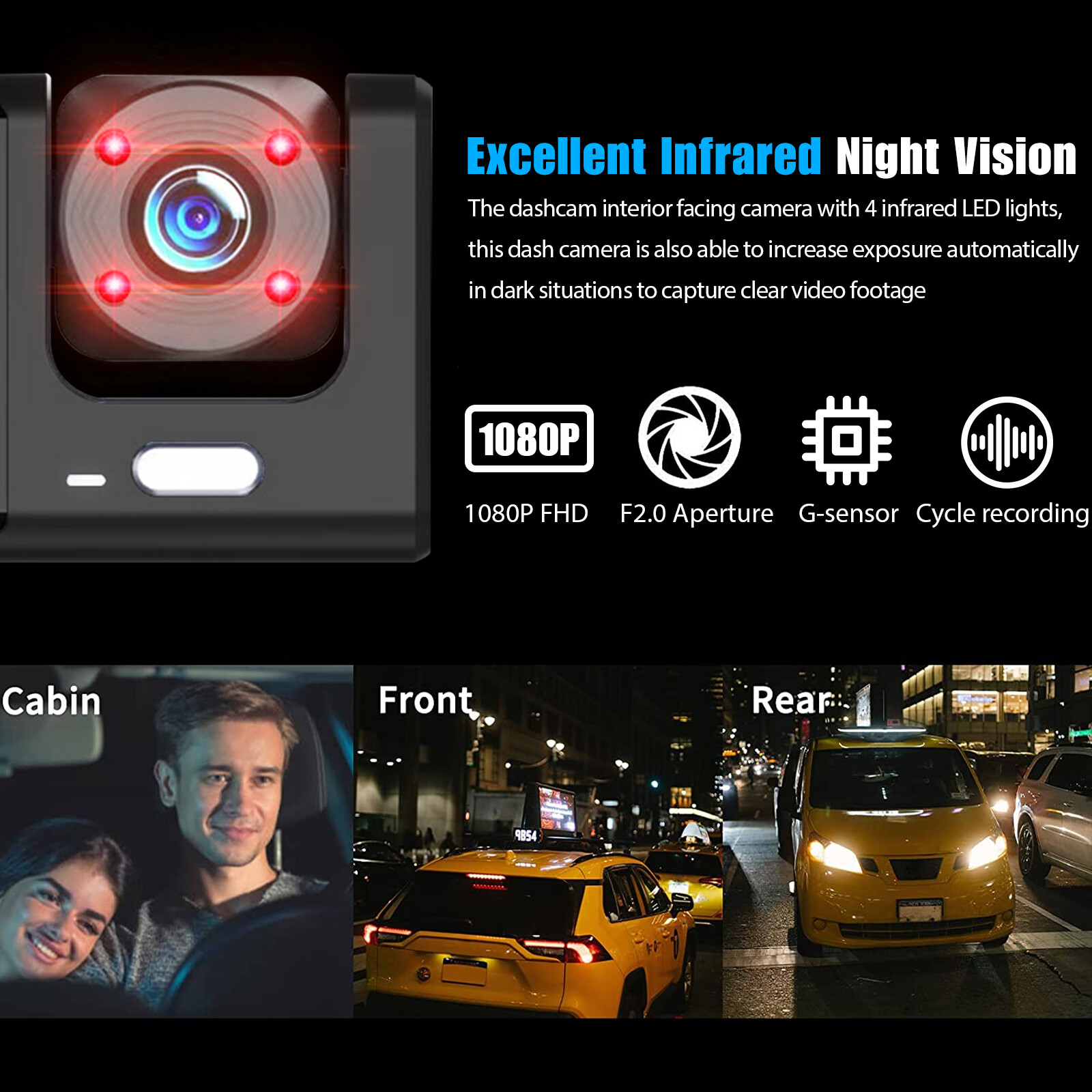 HD 1080P Car Dual Lens Dash Cam Front/Rear/Inside Video Recorder Camera G-sensor