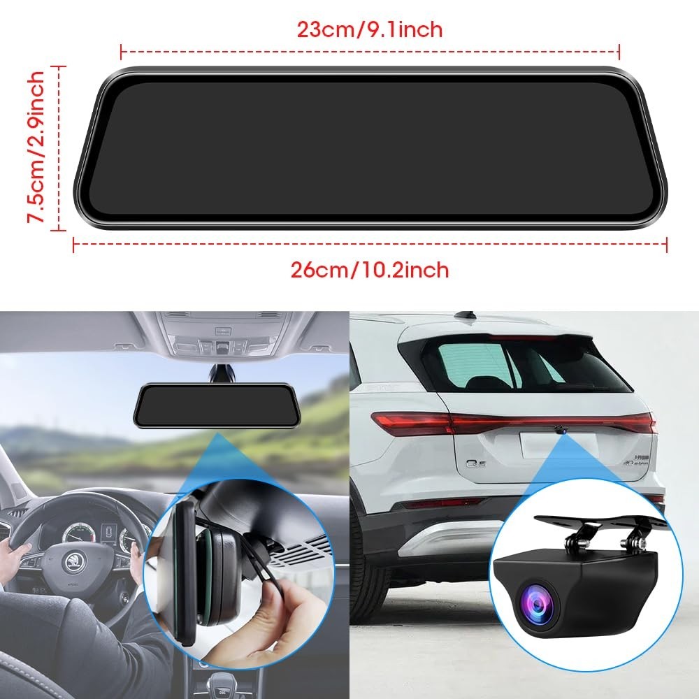 10″ Rear View Mirror Dash Cam 1080P Front & Rear Camera, Touch Screen, G-Sensor,