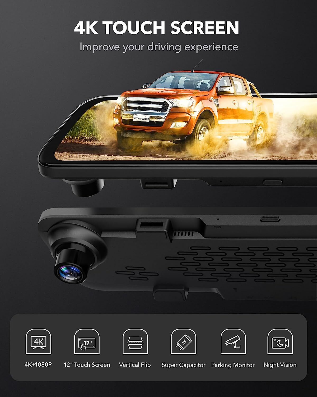 G840S 12″ 4K Dash Camera Front and Rear Dash Cam with WDR Camera, Night Vision