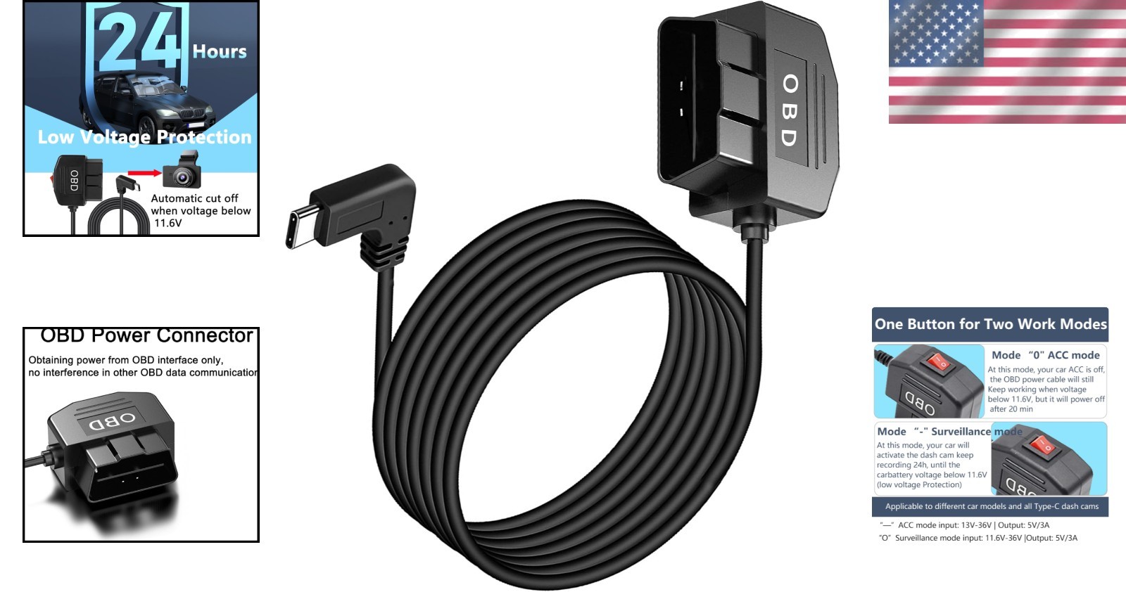 OBD OBD2 Hardwire Kit Power Cable for Dash Camera with 90Degree USB Type C 12