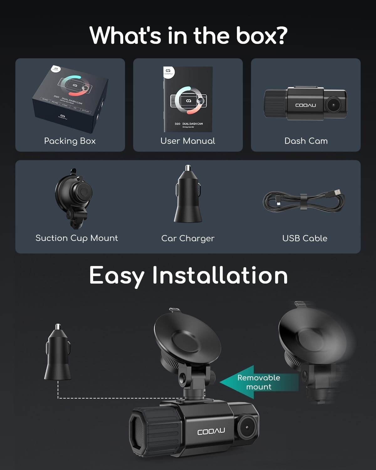 COOAU 2.5K WiFi Dual Dash Cam Built-in GPS Front and Inside Dash Camera for Car