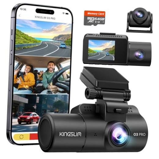 3 Channel Dash Cam Front and Rear Inside – 2.5K Car Dash O3 Pro + 64GB Card