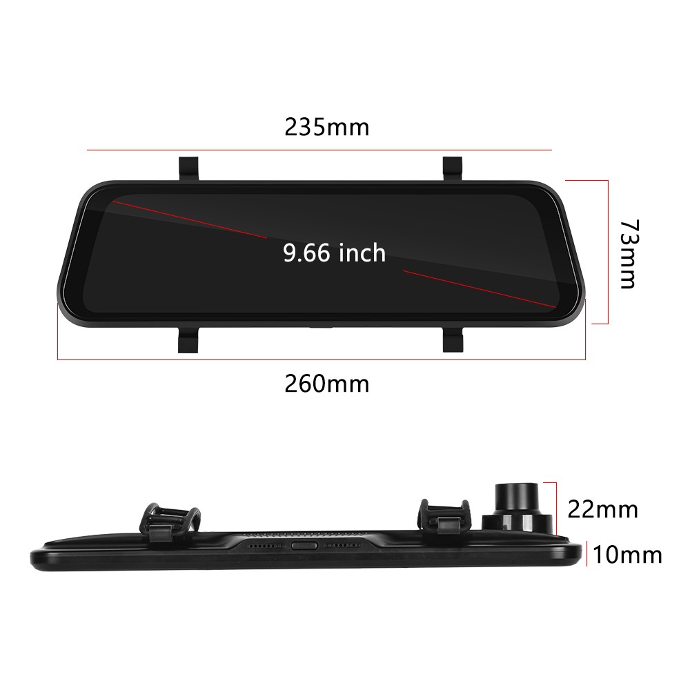 Front Rear View Mirror Dash Cam 9.66 Inch IPS Touch Screen Carplay 64GB Car DVR