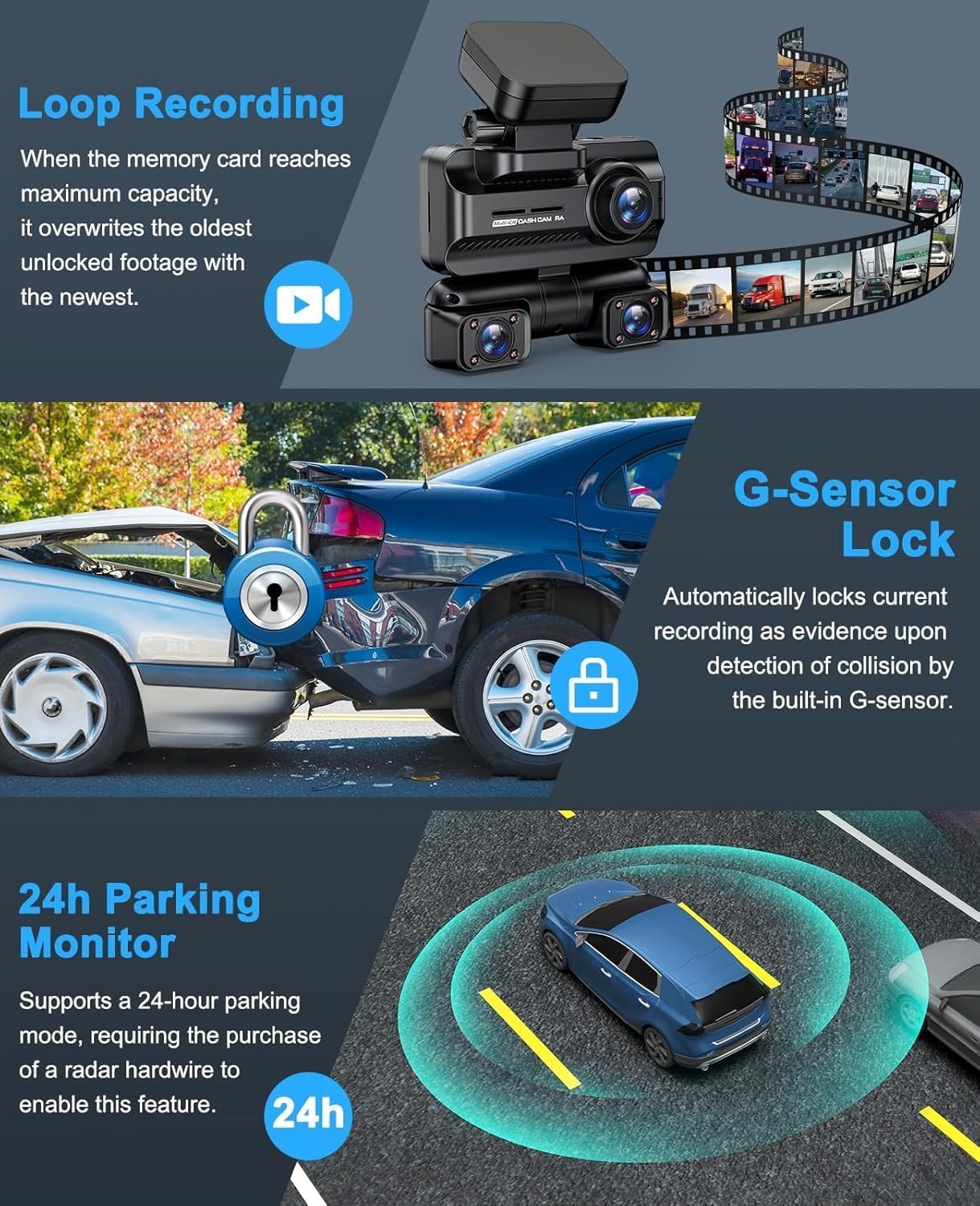 Dash Cam 4K 360° Front Rear DashCam 128G Wi-Fi GPS 3.18” IPS WDR Night Vision