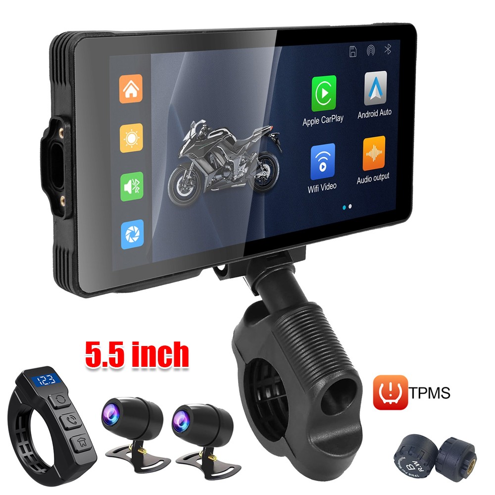 5.5″ GPS Motorcycle Navigator Wireless CarPlay Android Auto Touch Screen + TPMS